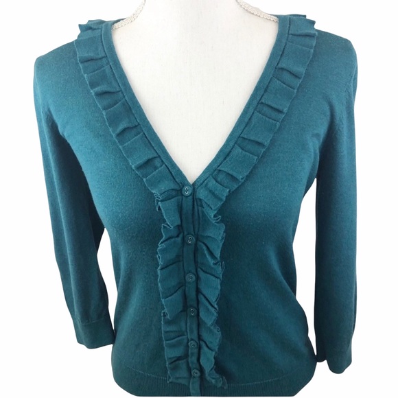 Boden Sweaters - Boden Teal 3/4 Sleeve Ruffle Cardigan Size 8